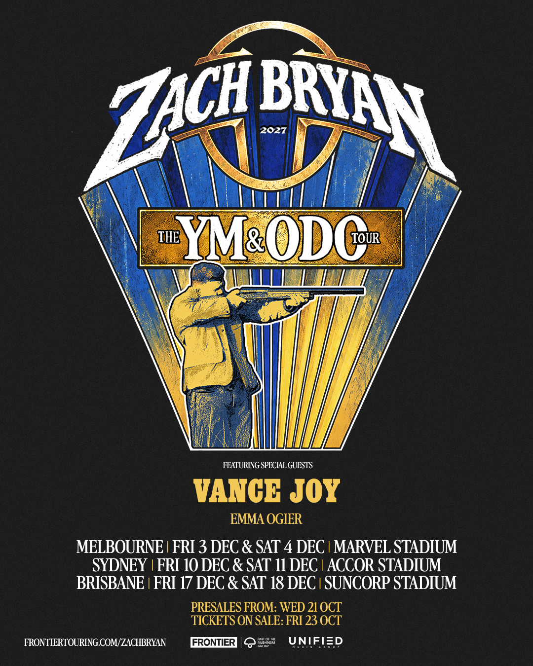 Zach Bryan 2027 The YM&ODC Tour poster with special guests Vance Joy and Emma Ogier featuring stadium concert dates in Australia.